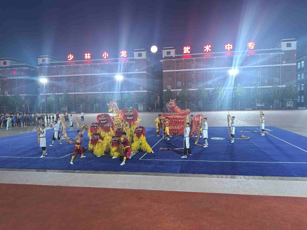 image shows kung fu dance performance at night.